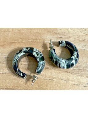 Black & White Resin Hoop Earrings Marble Swirl Design 1.5" Diameter Post Back